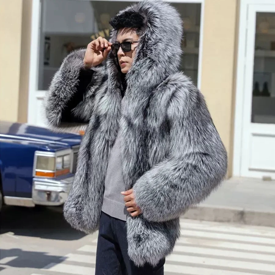 High Quality Real Sliver Fox Fur Coat For Men Winter Warm Natural Fox Fur Overcoat Latest Design With Hood