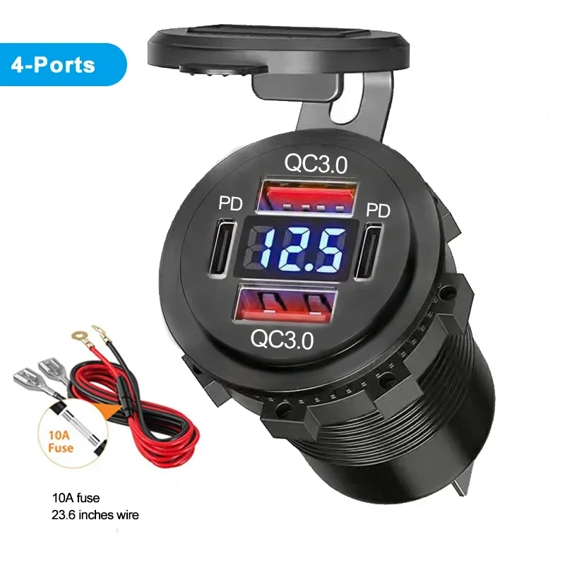 96W Dual PD QC3.0 USB Auto Motobike Oplader met Voltmeter Socket Stopcontact Adapter Waterdicht voor 12V/24V Auto Boot Vrachtwagen Moto