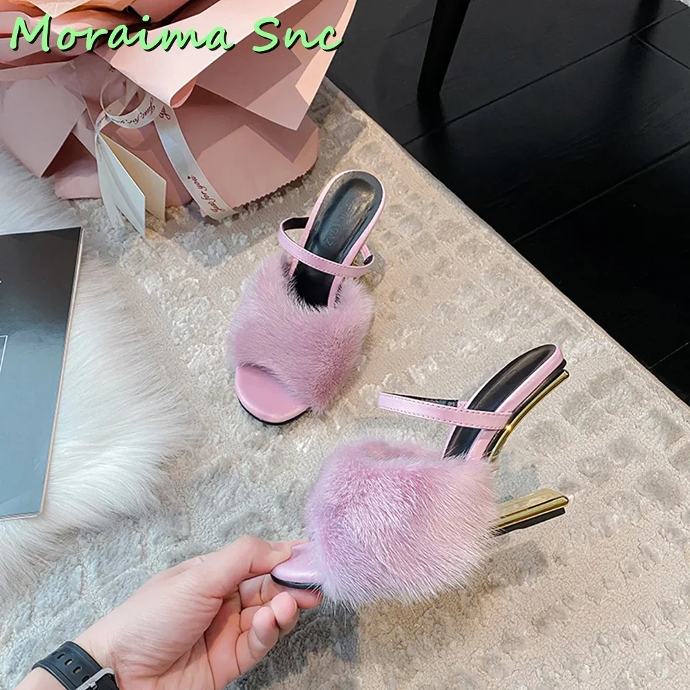 

Hairy Fur Strange Heel Slippers Wedge Open Toe Women Shoes Slides Summer Outdoor Pink Solid Sexy Elegant Banquet Fashion Newest