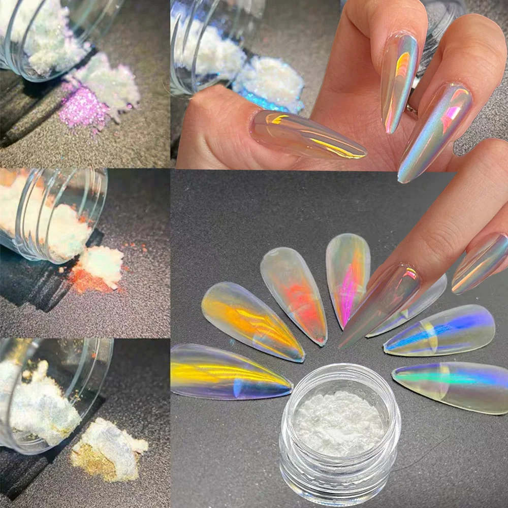 1 Bottle White Chrome Nail Powder Aurora Mirror Chameleon Nail Art Glitter Pigment Ultra-Thin Iridescent Polarized Nail Rub Dust