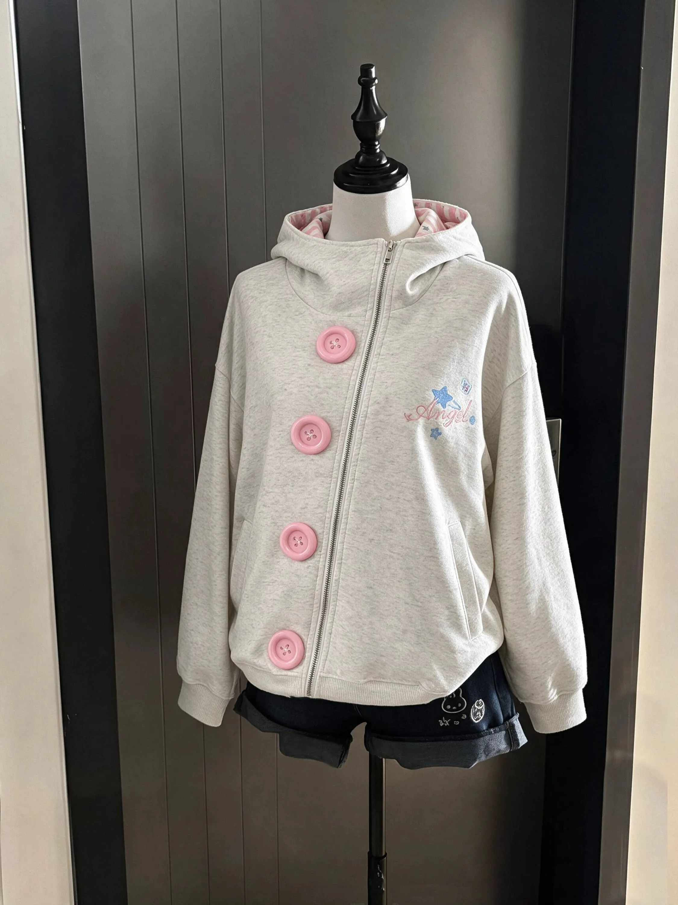 Korean Style Star Striped Hooded Open Cardigan Jacket Women's Spring Autumn Loose Design Sense Diagonal Zipper Sweatshirt