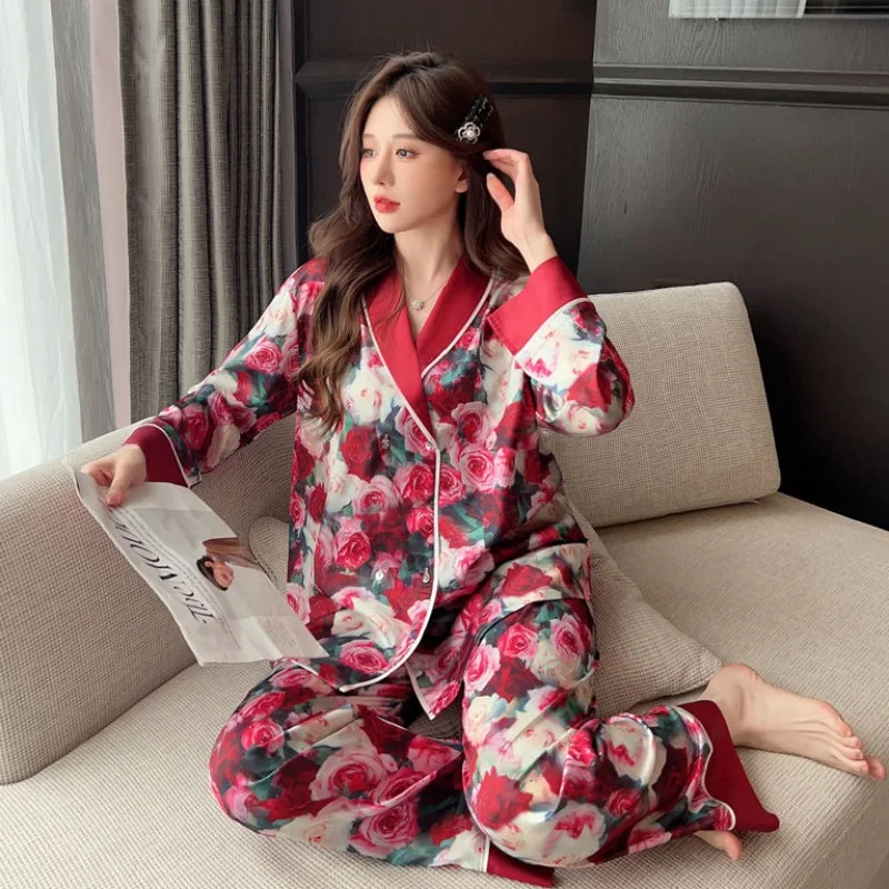 Ice Silk Pajamas Spring Autumn Women Artificial Silk Large Size V-neck Sleepwear Female Casual Long Sleeve HomwearTwo-Piece Suit