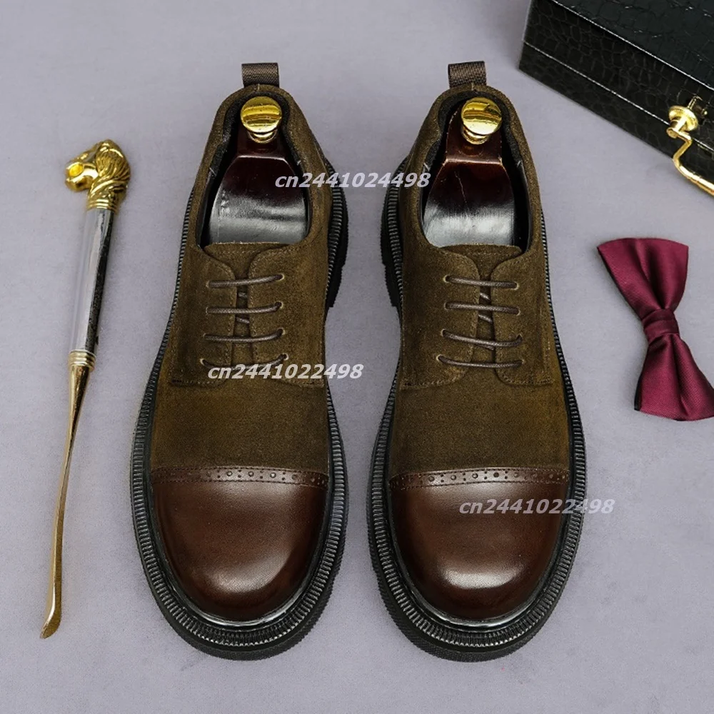 Retro British Style Chunky Thick Platform Men Lace up Derss Shoes, Patchwork Suede  Brogue Punching Detail Casual Business Shoes