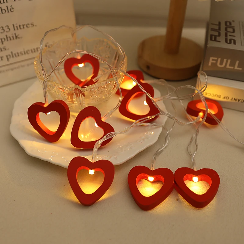 10 LED Love Heart String Lights Valentine's Day Wood Light Garland Led Fairy Lights Birthday Wedding  Party Decorations Supplies