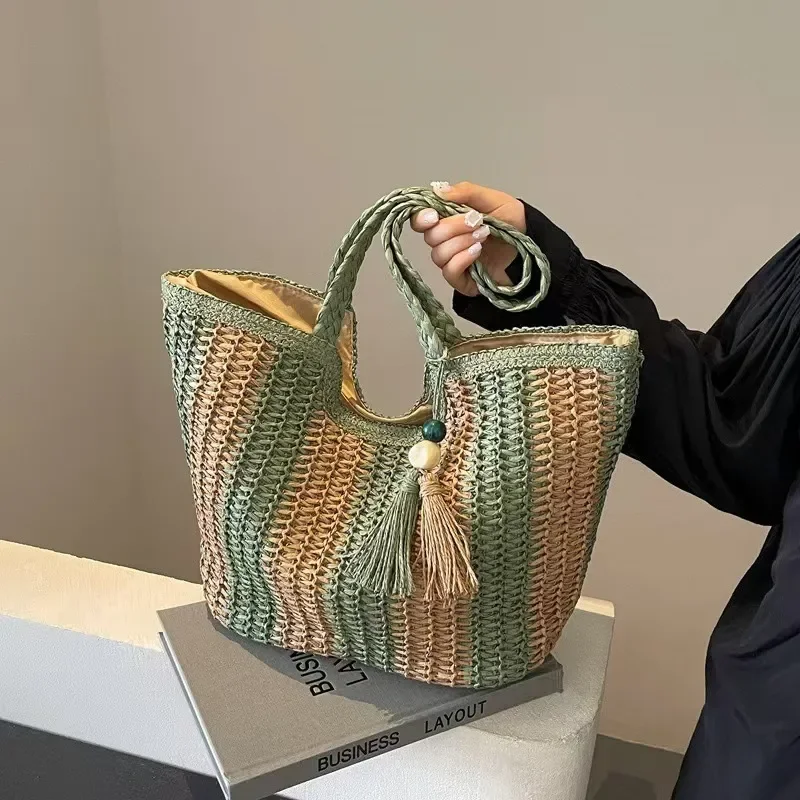 Bolso de mano de paja tejida a rayas para mujer, gran capacidad, bolso de playa para vacaciones, accesorio de verano para la playa