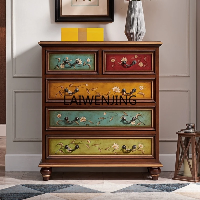 HLZ European porch solid wood drawer cabinet rural decoration storage and finishing cabinet retro painting