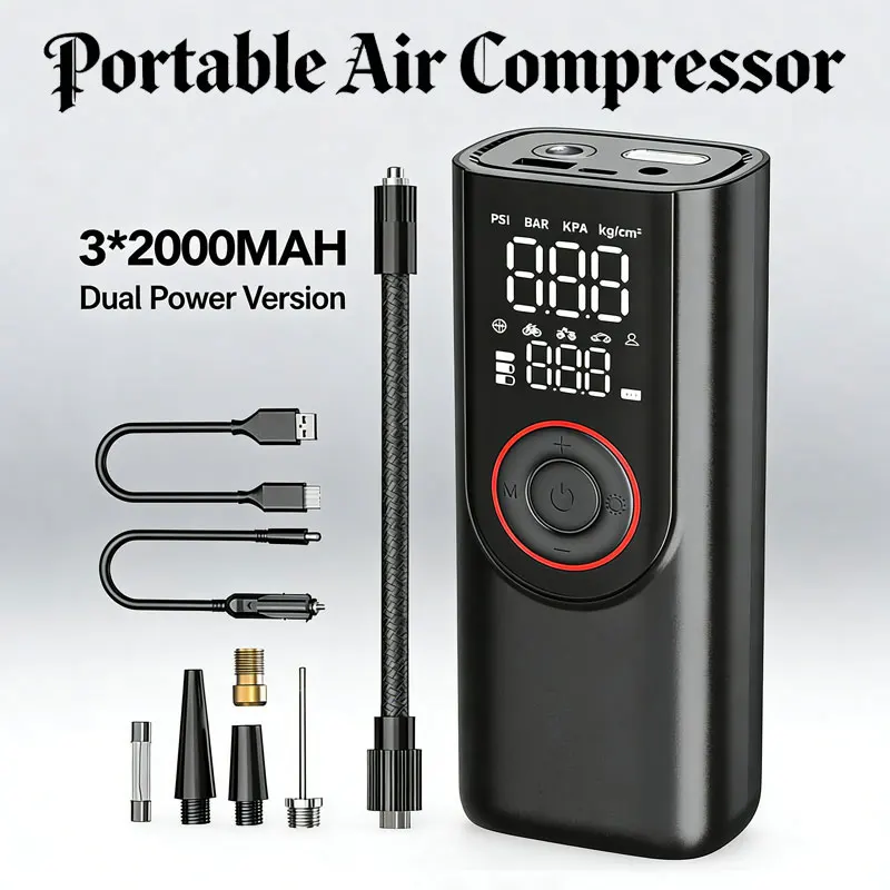 Car Tire Air Pump with LED Lights, Power Bank, for Motorcycles Bikes Balls Portable Air Compressor Tire Inflator Digital Display
