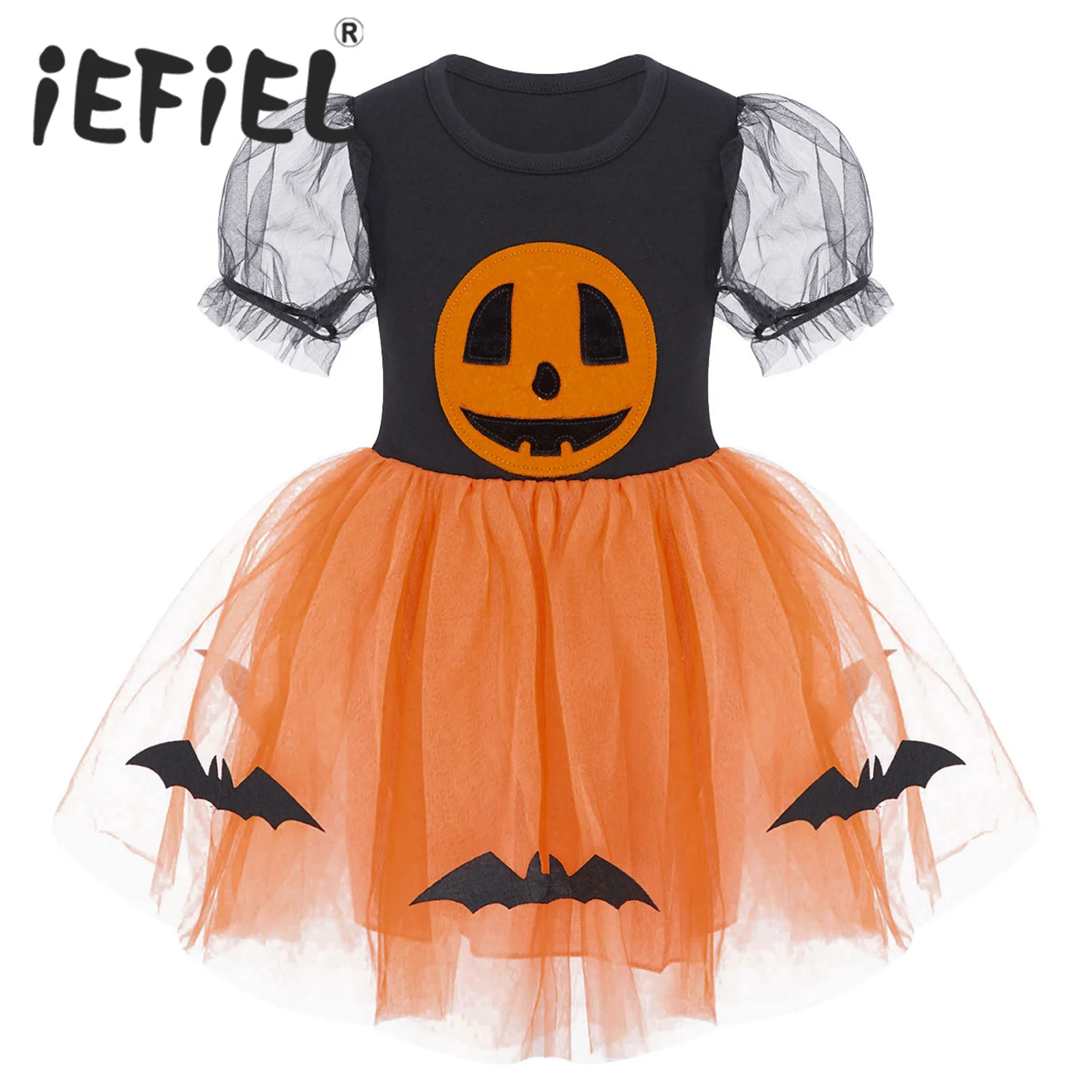 

Baby Girls Toddler Halloween Pumpkin Bat Costume Carnival Roleplay Party Cosplay Dress Puff Short Sleeve Mesh Tulle Tutu Dress