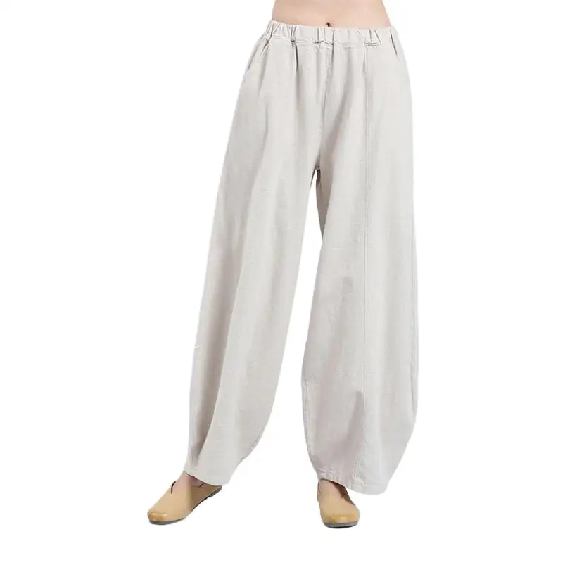 

Women Spring Casual Loose Cotton Linen Pants High Waist Wide Leg Summer Trousers Bottoms White Wine Red