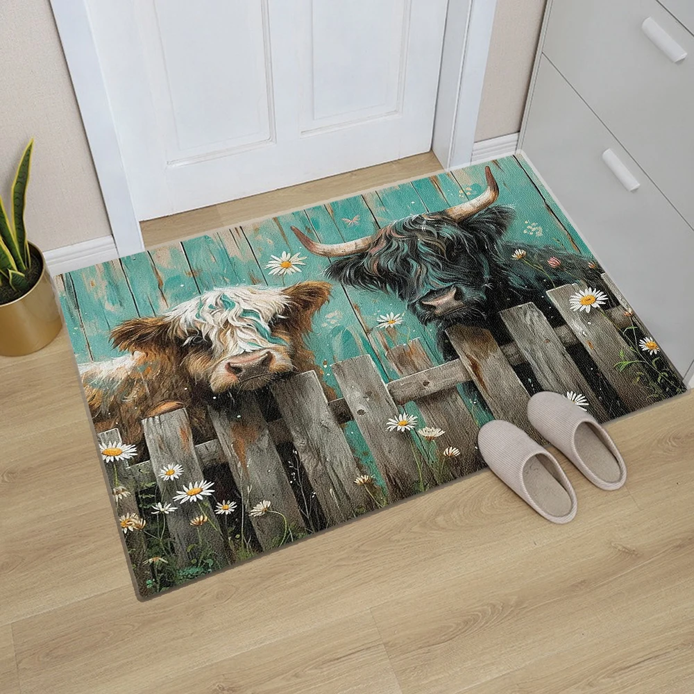 Highland Cow Bedruckter Küchenteppich, Wohnzimmer, Esszimmer, Wäsche, Bodenmatte, Bad, Balkon, Flur, rutschfeste Fußmatte