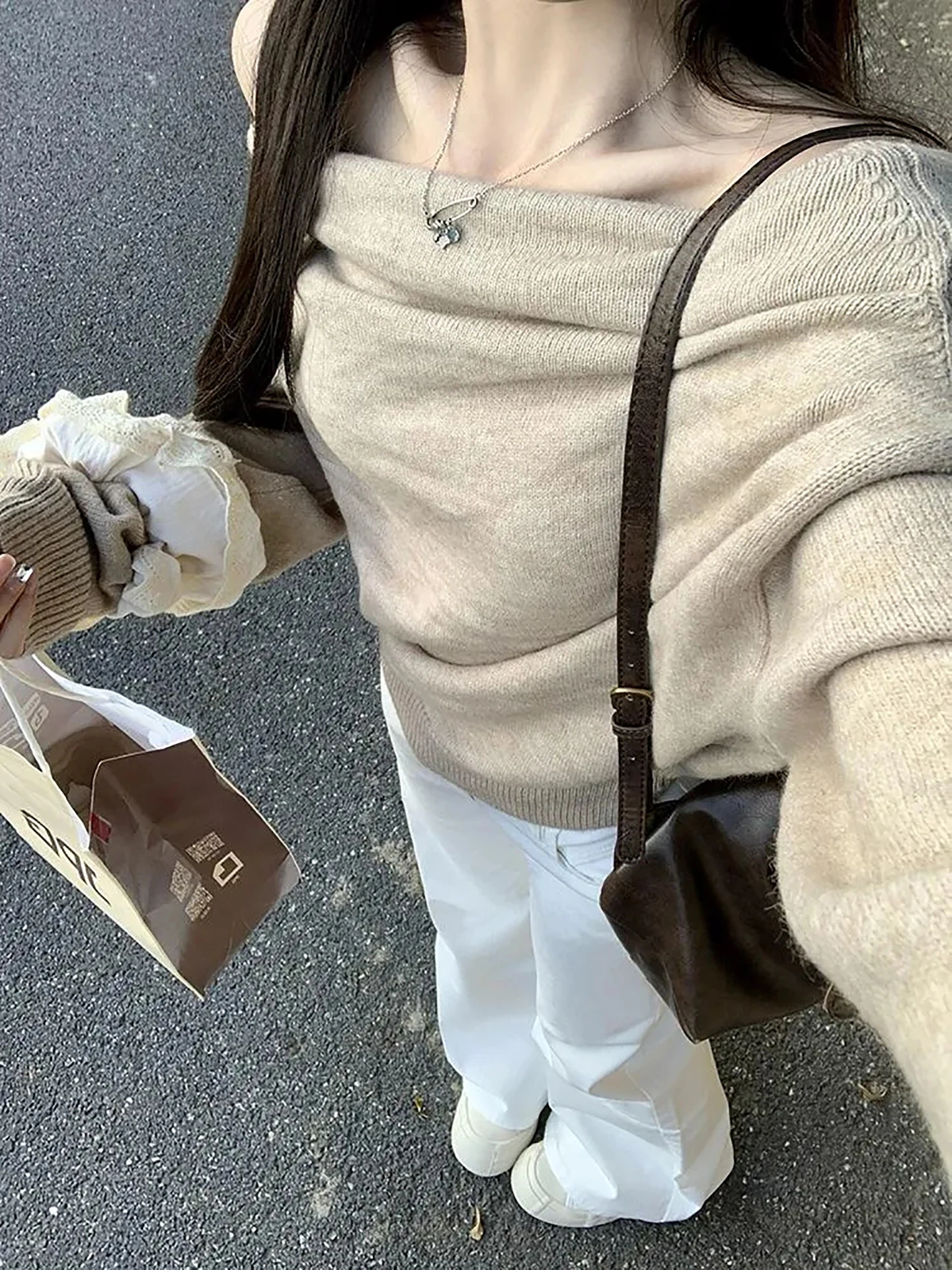 Autumnal Gentle Aosphere Long Sve Knitted Sweater Women's Loose Slimming oulder Oblique Overhead Clothes Korean Sle