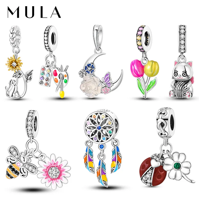 MULA 1PC Silver Plated Dangle Charms Flower Cat Pendants Fit Original Beads Making Fashion Jewelry