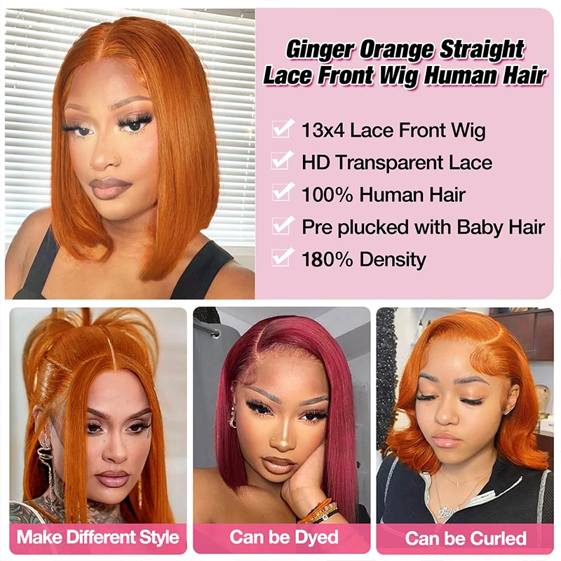 Ginger Orange Bob Straight 13x4 Lace Front Human Hair Wigs for Women Transparent HD Lace Front Wig Pre Plucked Brazilian Wig