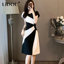 2024 Summer New Elegant Fashion Patchwork Midi Vestido Women Temperament Short Sleeve A-line Robe Ladies Casual Waist Slim Dress
