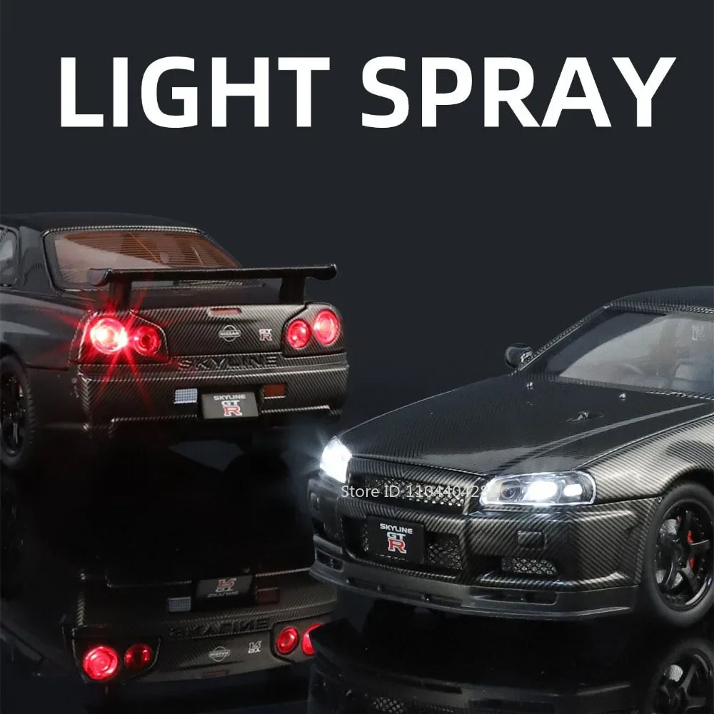 1:24 GTR R34 Modello in miniatura Pressofuso in lega Auto giocattolo 4 porte aperte Suono Luce Tirare indietro Ruota anteriore Sterzo Veicolo per il regalo del ragazzo