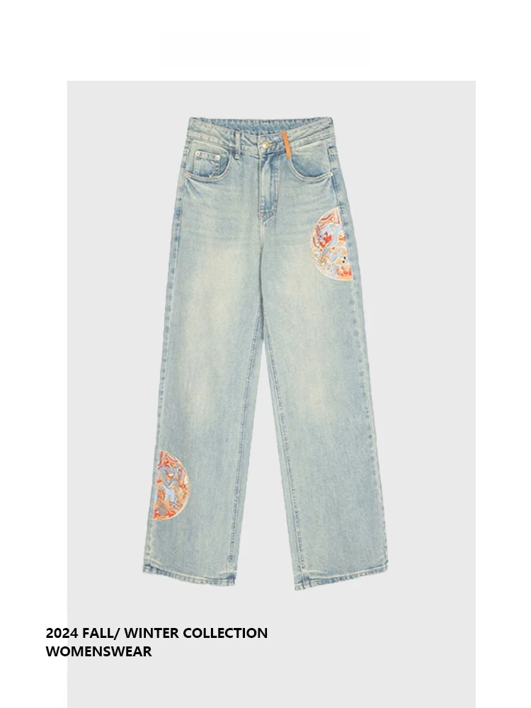 

Американские джинсы прямого кроя с вышивкой в стиле ретро, с высокой талией, для женщин больших размеров, летние, модель Forever 2, для фигуры типа «груша»