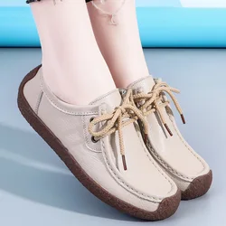 Autumn Women Flats Shoes Genuine Leather Lace-up Casual Shoes Women Comfortable Mother Shoes zapatos mujer Size 35-41 WSH4669