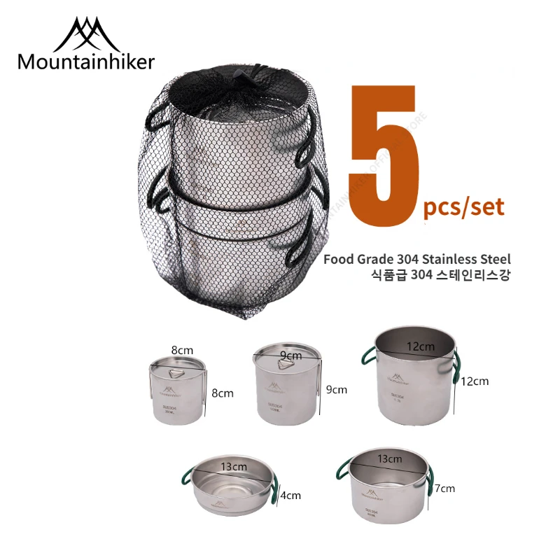 MOUNTAINHIKER 5PCS Camping Cookware 304 Stainless Steel Portable Outdoor Tableware Cookset Cooking Kit Pan Pot Hiking BBQ Picnic