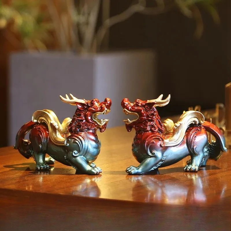 Colored Copper Pixiu Ornament, Chinese Myth Auspicious Beast Figurine for Entrance, Living Room & Office Decor, Metal Handicraft