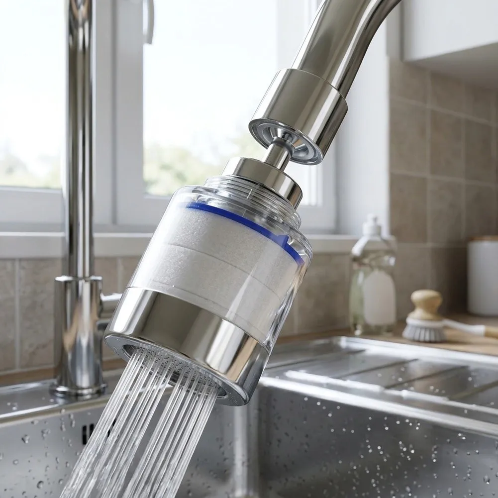 Rotating Water Filter Cartridge for Faucet Installation with Visible Housing to Track Filter Life Without Tools or Complex Setup