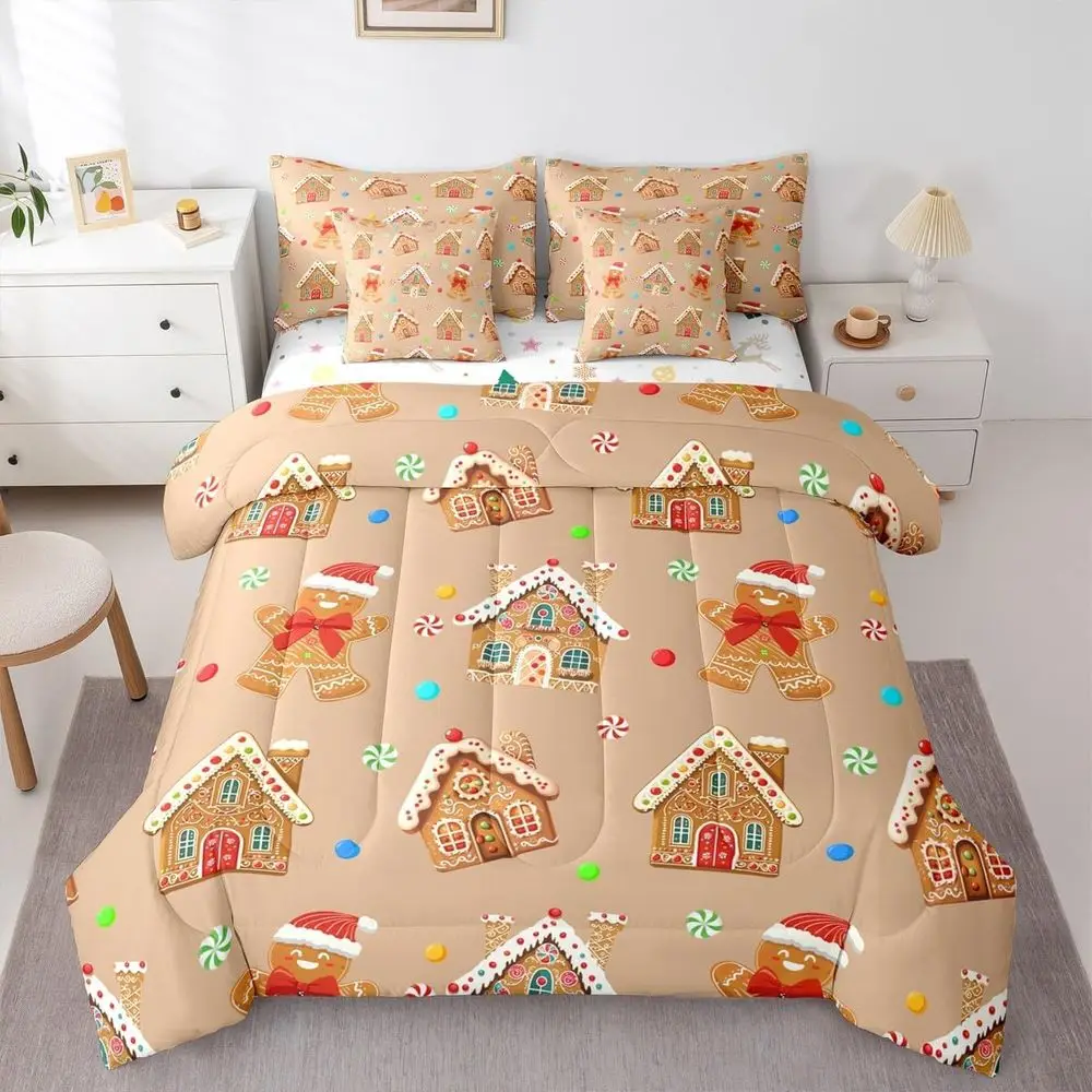 

7-Piece Queen Size Christmas Themed Comforter Set with Sheets - Cute Bowknot, Gingerbread Man, and Colorful Polka Dots for Boys