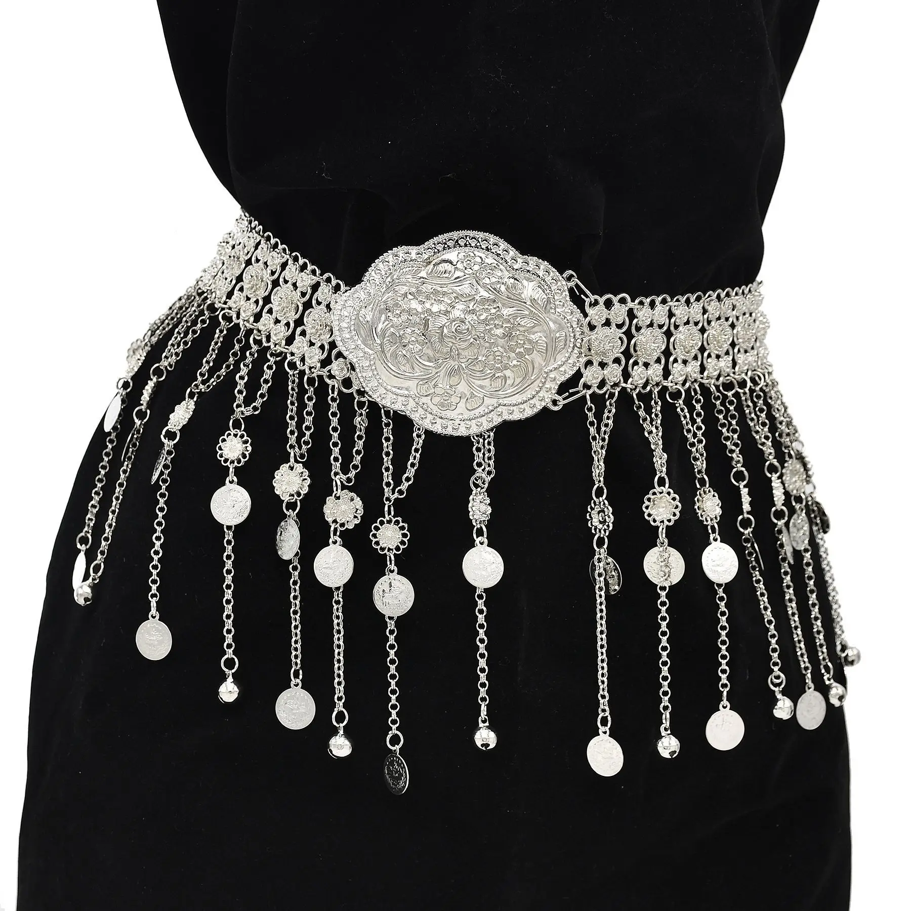 Silver Plated Moroccan Caftan Belt Geometry Coins Tassel Belly Chains for Women Ethnic Tribal Indian Turkey Body Jewelry Gift