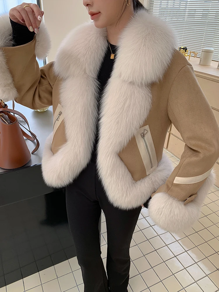 FURSHEHE 2023 New Fashion Real Fur Coat Goose Down Jacket Winter Women Jacket Natural Fox Fur Collar Thick Suede Outerwear Warm