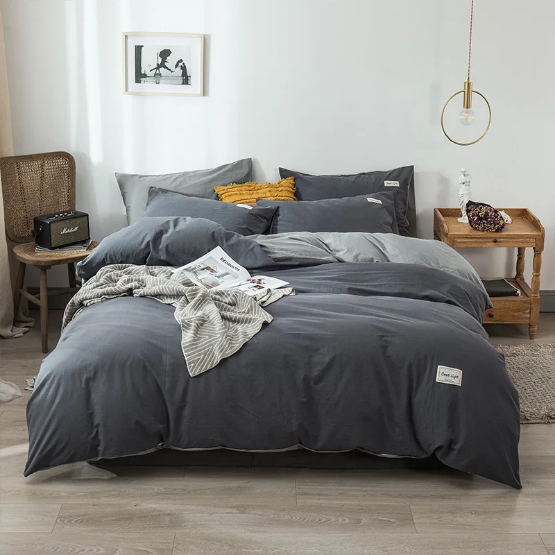 

2022 New Long-staple Cotton Four-piece Bed Sheet Star And Moon Pattern Plain Cotton Bedding Light Luxury Models Denim Dark Gray