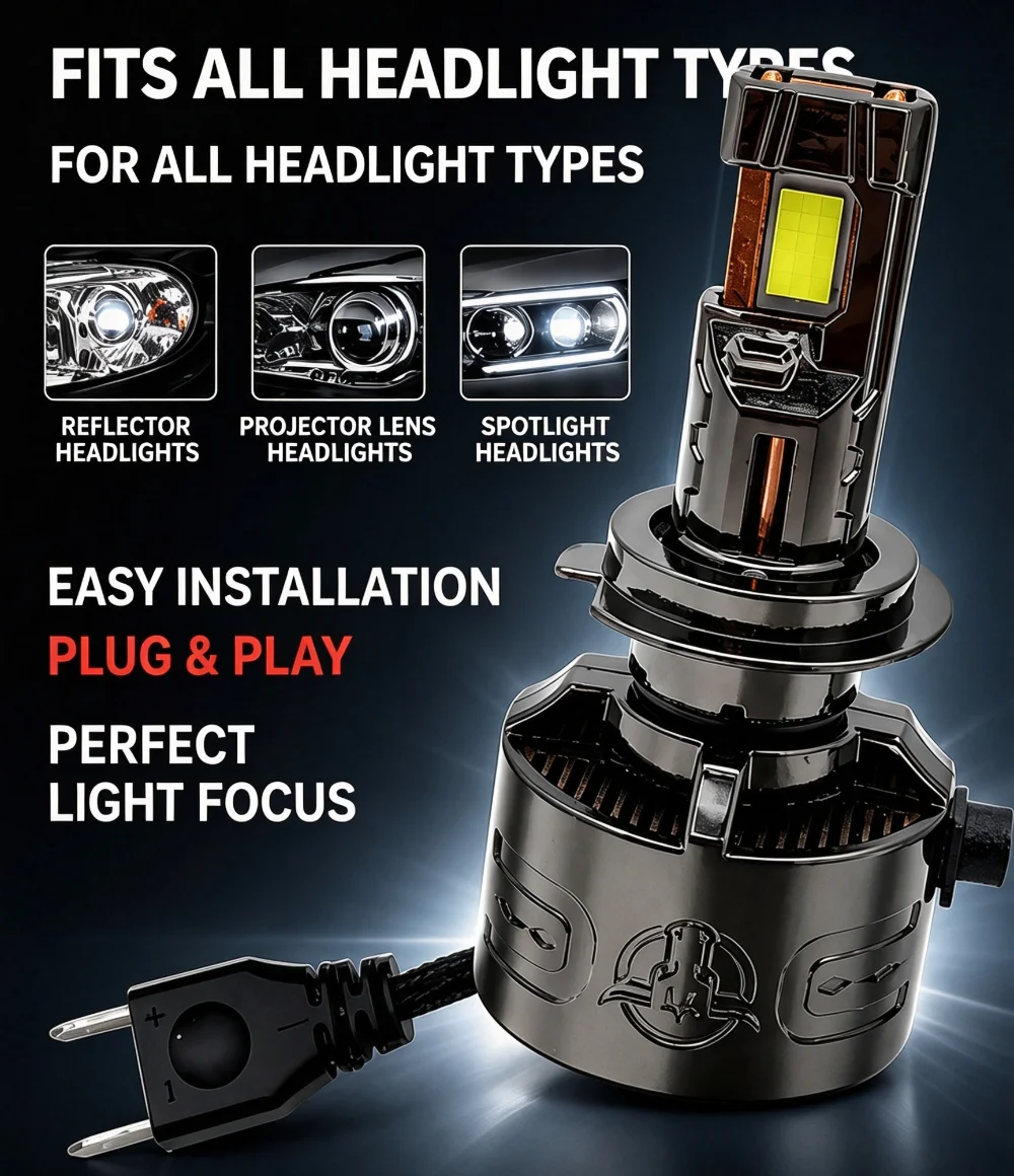 H7 D1S D2S LED Headlight 22000LM 4800K Bright White Bulbs 2PCS Efficient Copper Cooling Car Replacement Lamp