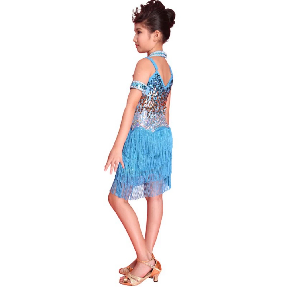 Children Sequined Latin Ballroom Dance Dress Girls Fringe Dancewear Costumes Performance Clothes