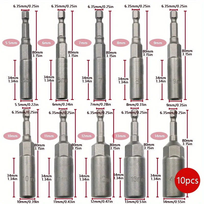 8pcs/10pcs Nut Driver Socket Set Metric Impact Grade Nut Setters with 6.35mm Hex Shank for Efficient Fastening and Loosening