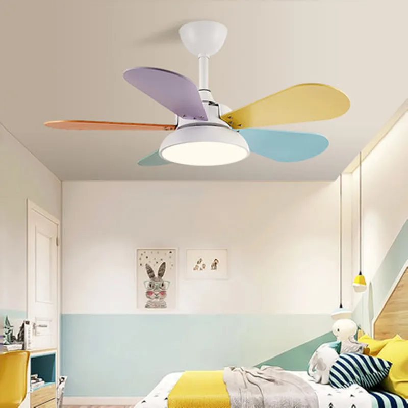 Modern Creative Children's Ceiling Fan Light Simple DC Fan Lamp Bedroom Living Room Color Macarone Reversal Fan Ceiling LED Lamp