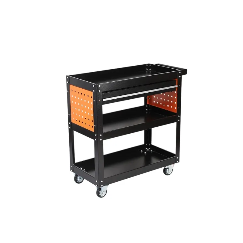 Automotive 3-Tier Tool Cart with Drawer  Pegboard Black-Orange Two-Tone for Repair Parts Storage