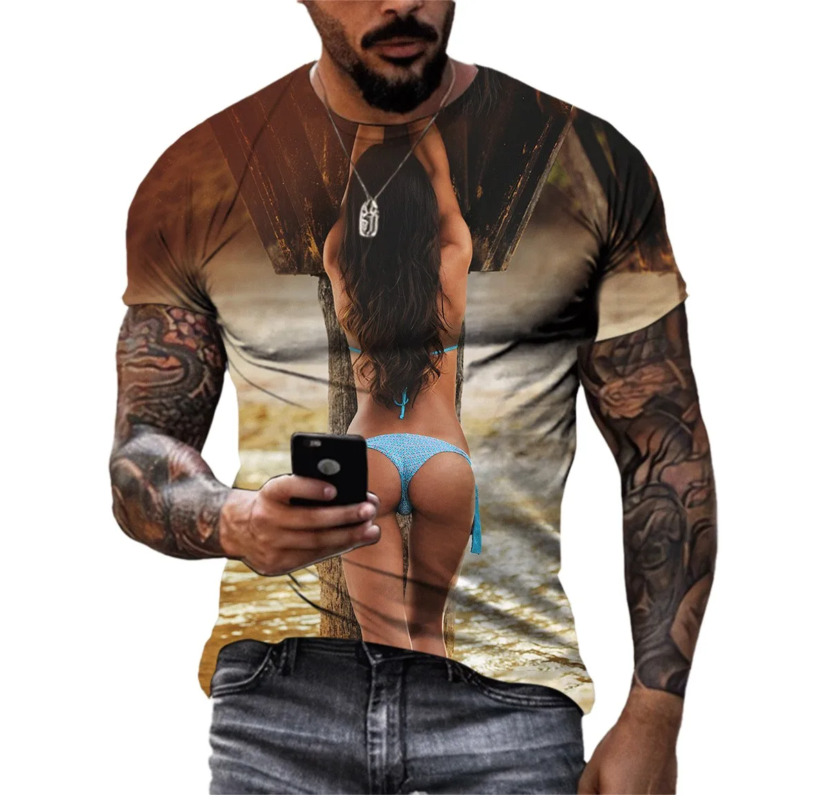 Hip Hop Parody Summer Bikini Hot Girl 3d Hd Print Men's Fashion Alternative T-shirt Trend Personality Large Size O Neck Shirt