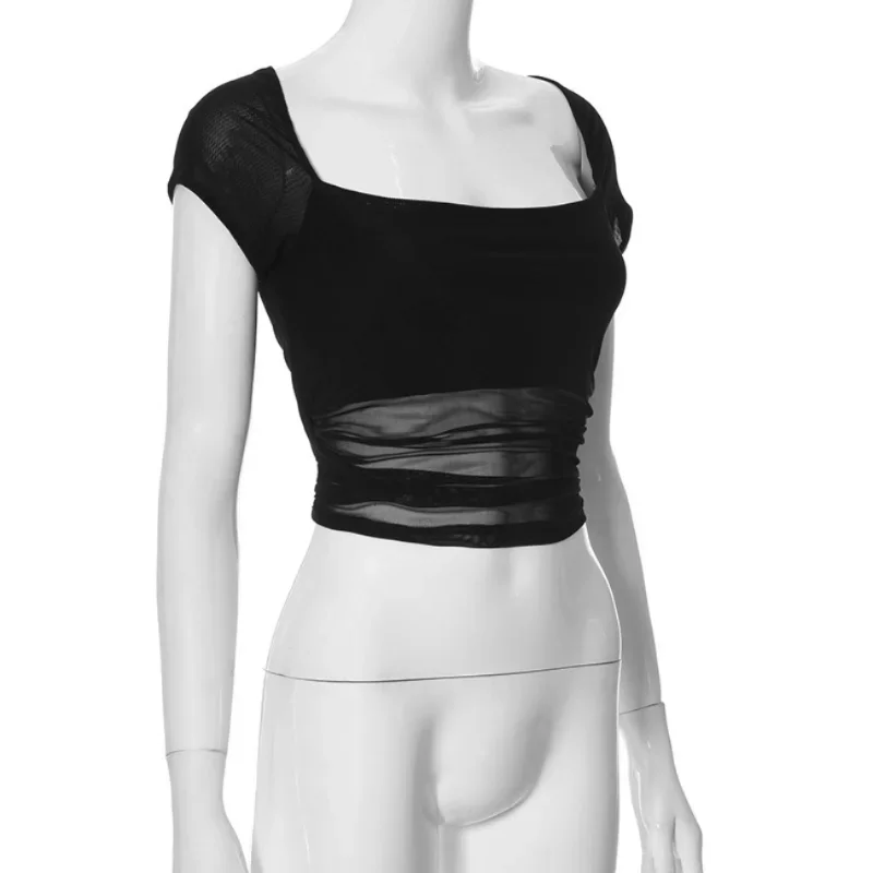 Women Sexy Black Mesh T-shirts Temperament Slim All-match Vintage Hotsweet Summer Chic Square Collar Fashion Streetwear Gothic