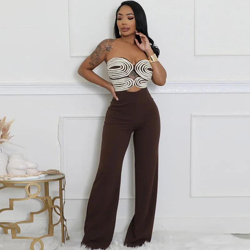 

Doyerl Striped Strapless Jumpsuits for Woman Elegant Party Club Night Hollow Out High Waist Wide Leg Romper One Piece Outfits