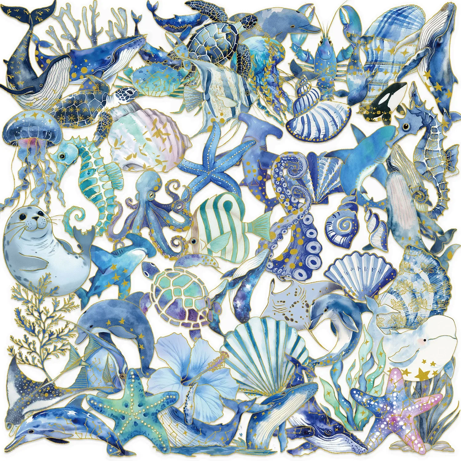 

50pcs Blue Gilding Marine Life Stickers PET Transparent DIY Decoration For Notebook Phone Fridge Guitar Bike Kids Toy Gift