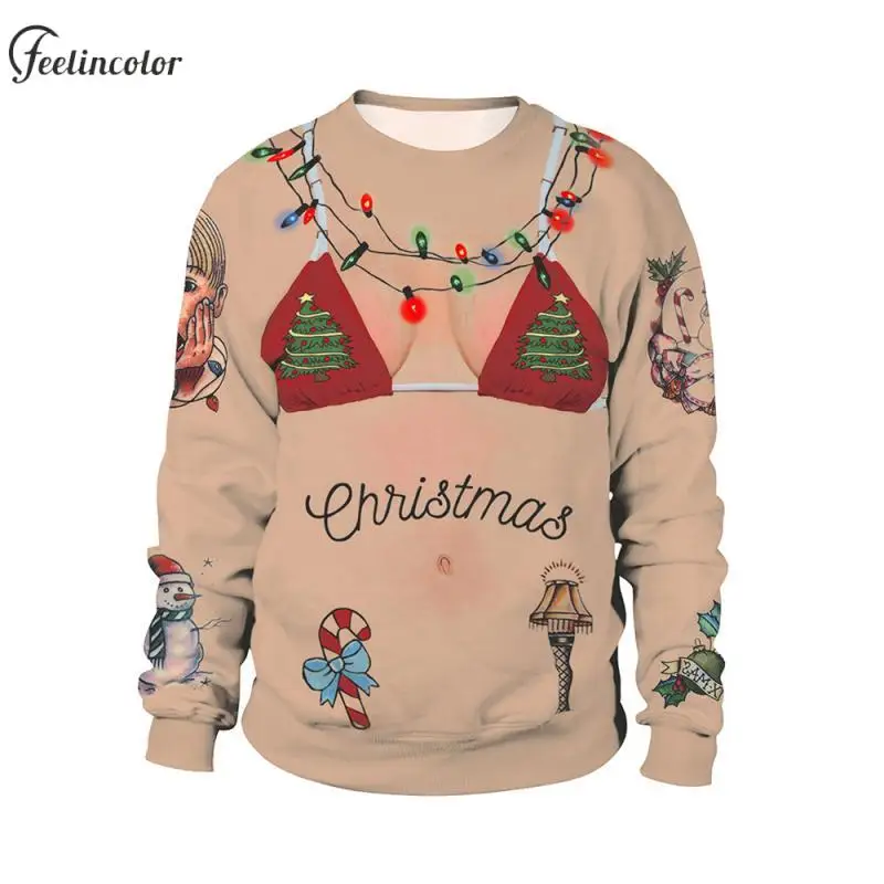 

Unisex Christmas Tree Bra Ugly Sweatshirts Cane Candy Graphic Pullover Casual Loose Hoodies Couple Clothes Holiday Gifts