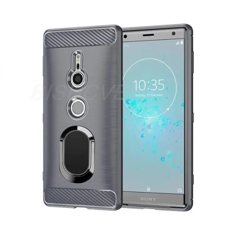 For Sony Xperia XZ2 Brushed Carbon Fiber Soft Silicone Phone Case For Sony Xperia XZ2 Compact Magnetic Ring Stand Cover