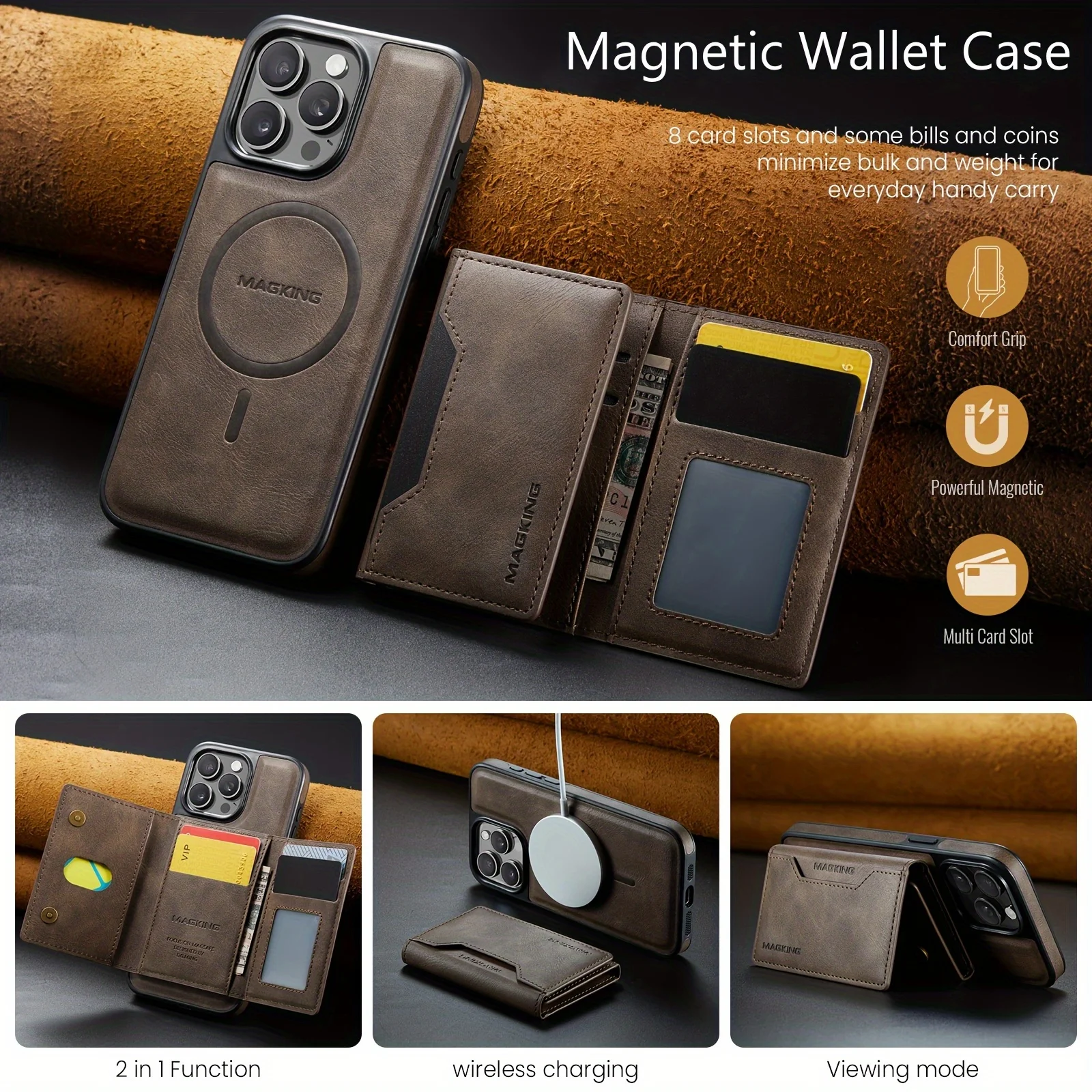 

2 in 1 Magnetic Wallet Case for iPhone 16 Pro Max 15 Plus 14 13 12 Card Holder Detachable Wireless Charging Leather Stand RFID
