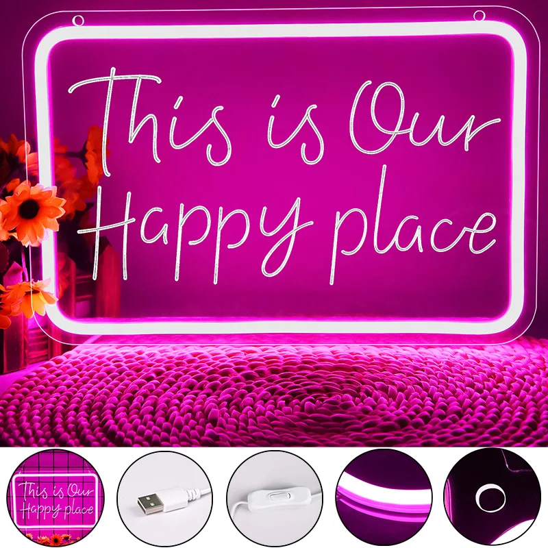 

This Is Our Happy Place Neon Sign for Kids Birthday Gifts Wall Decor 3D Art Carving Design Light Neon Sign