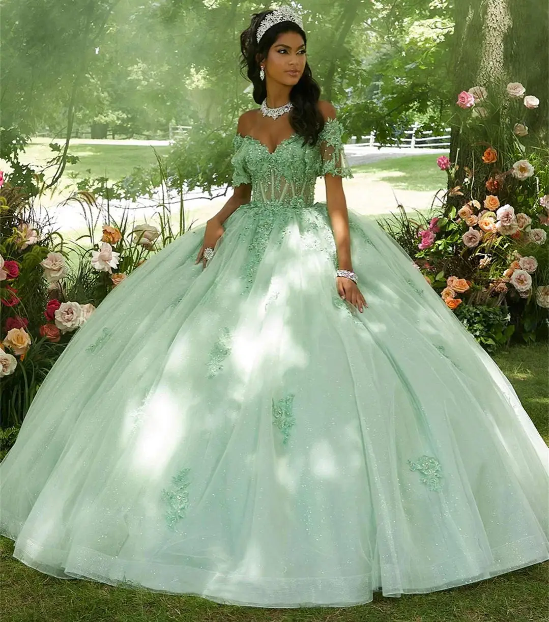 

Mint Beading Off the Shoulder Quinceanera Dresses Customized Luxury Appliques Short Sleeves Ruched Birthday Ball Gowns With Bow