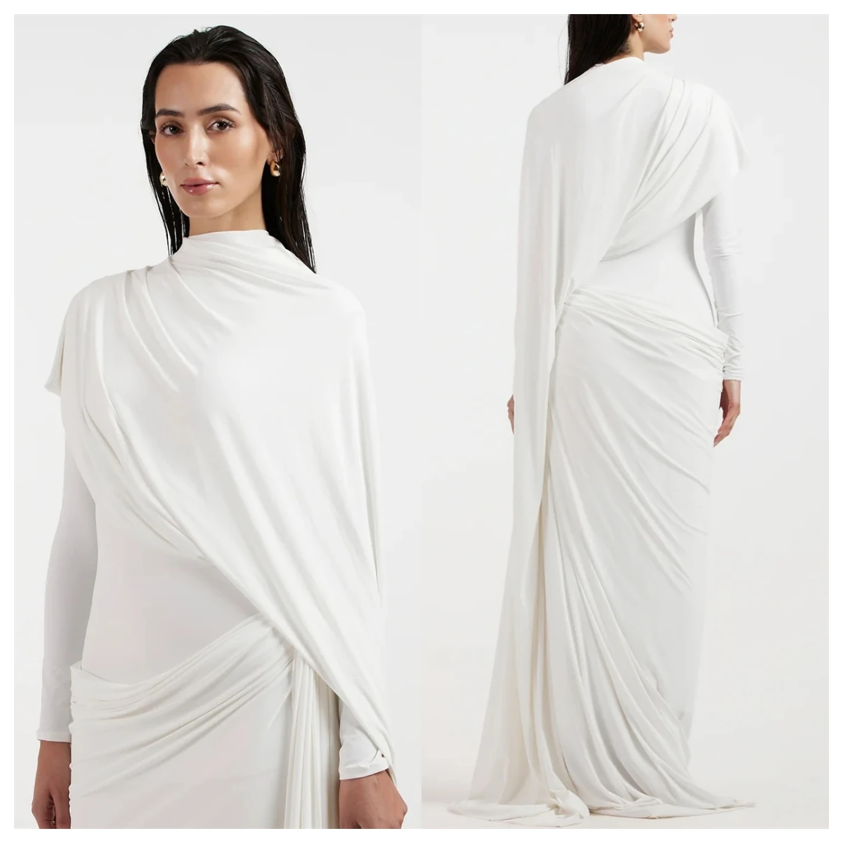 

Customized Classic White Jersey Evening Dress High Collar Long Sleeves Celebrity GownsBespoke Occasion Gowns Temperame