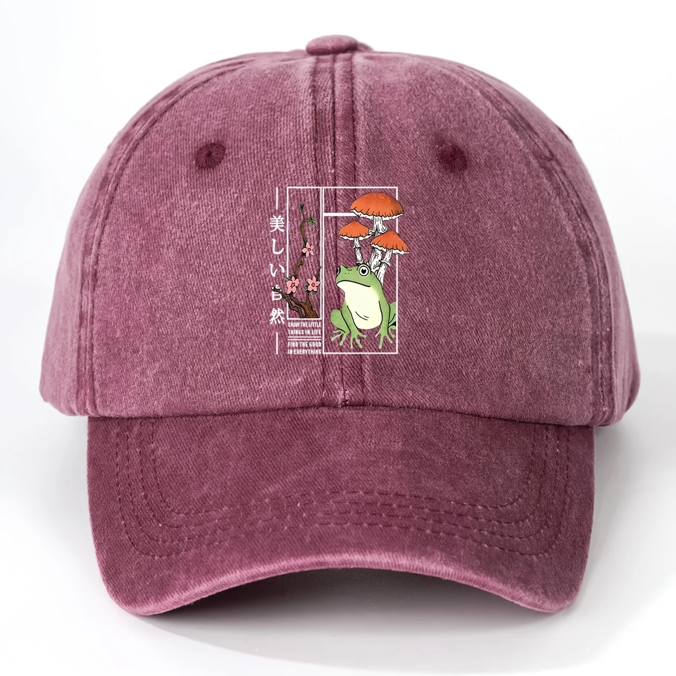 1 Printed Frog Mushroom Washed Baseball Cap, Unisex Trucker Hat, Breathable Adjustable Golf Cap, Women's Summer Fashion Curved B