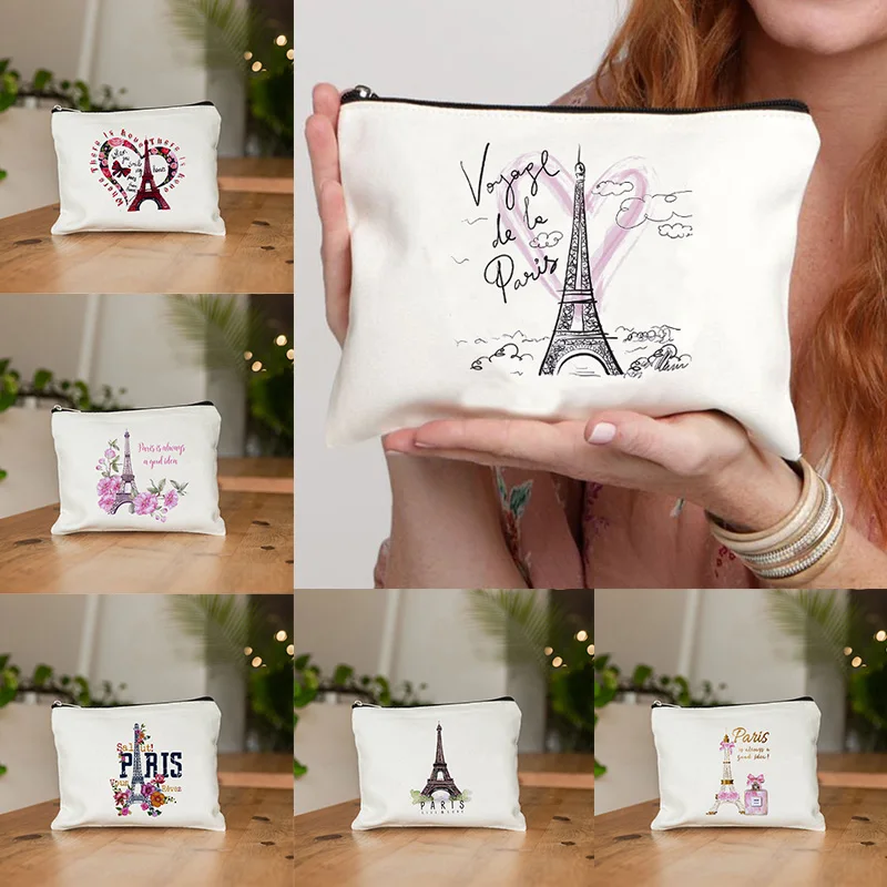 Bolsa de maquillaje con estampado de la Torre Eiffel de París, Neceser de viaje, organizador de artículos de tocador, bolsas de cosméticos con cremallera de lona para mujer, el mejor regalo, 1 ud.