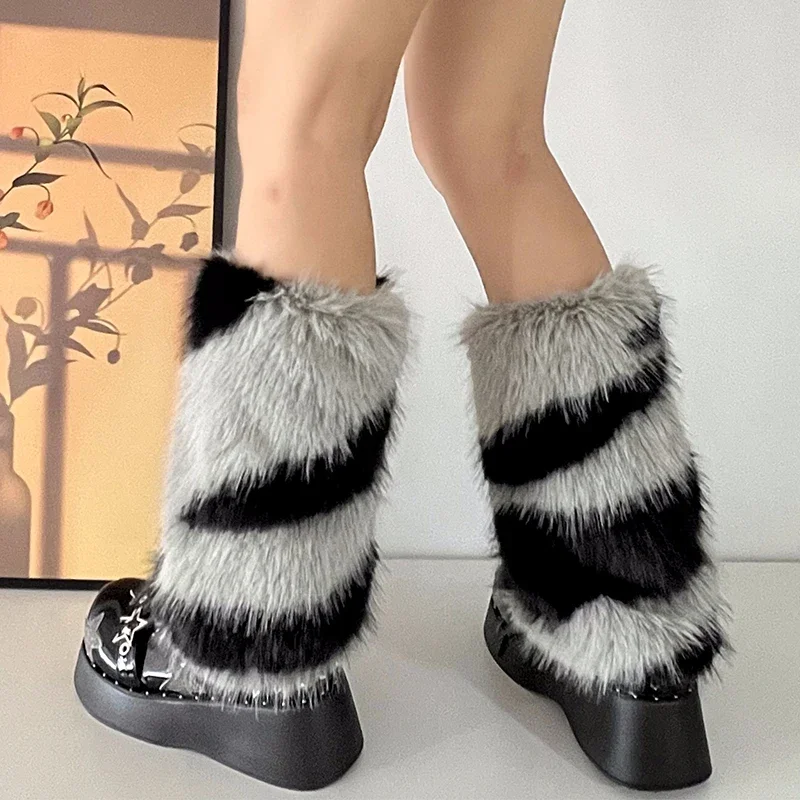 Zebra Leg warmer Y2k Artificial Fur stripe Socks Japanese Lolita Leg warmer Women Faux Fur Shoes Cuffs Cover Socks Streetwear