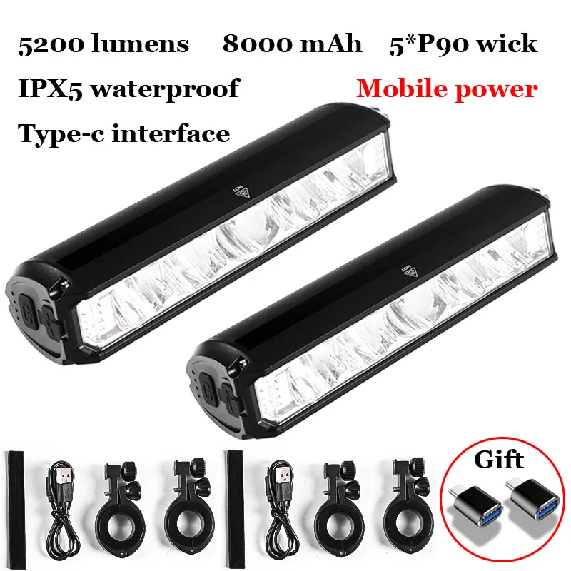 充電式自転車懐中電灯,2個,5 * p90,8000mah,タイプc,超高輝度,バイクアクセサリー