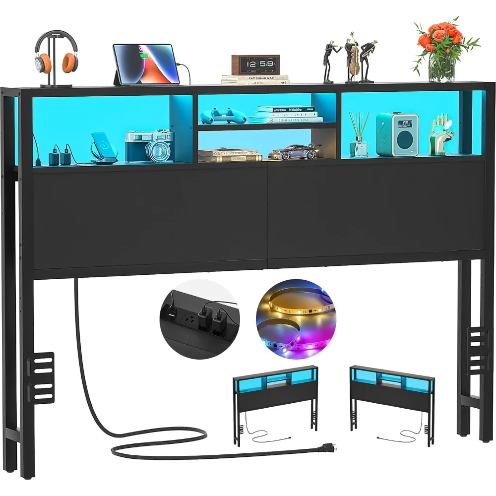 

Headboard for Queen Size Bed with Storage, Headboards with Outlets, USB Ports and LED Light, Queen Size Head Board Only, Height