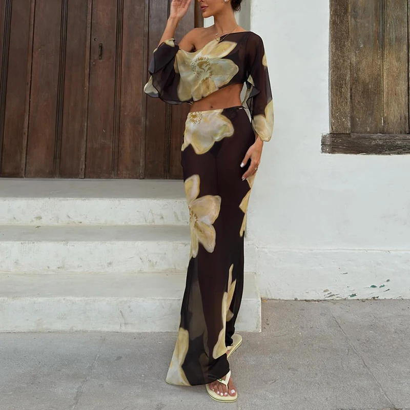 Holiday Printed Camisole Women's Suit Sexy Off Shoulder Top with Long Pants Two Piece Set Fashion Pattern Printed Beach Outfit