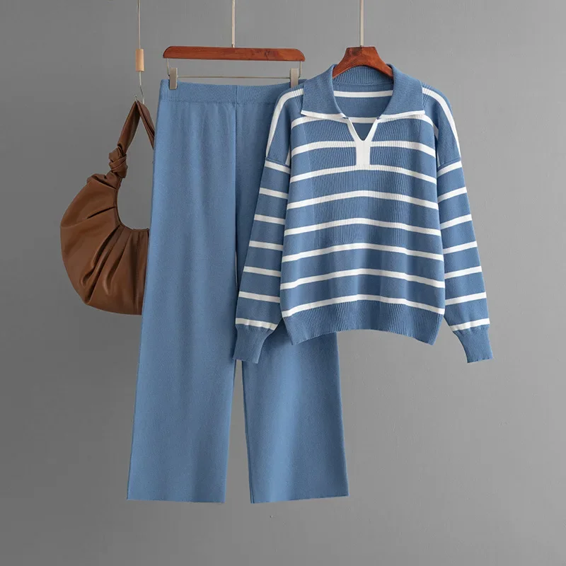 

Fall Winter Lapel Neck Striped Long Sleeve Pullover Tops Suits New Women Casual Knitted 2 Piece Sets High Waist Pants Conjuntos